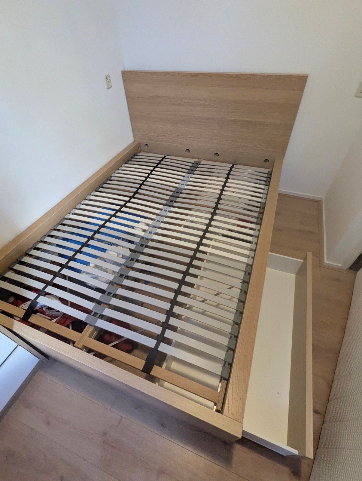 IKEA MALM hoog bed 140x200 eiken + 2 bedlades, Ophalen, Wit, Tweepersoons, 140 cm