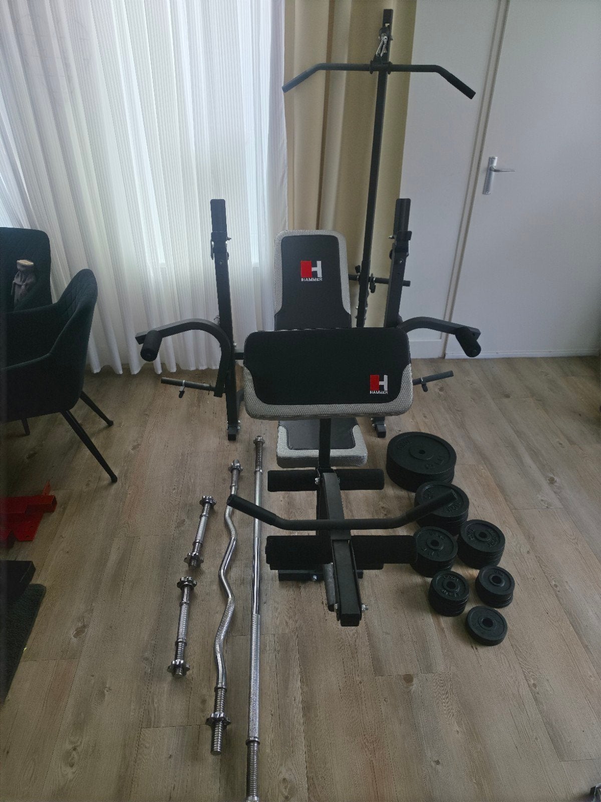 fitness set 100kg halterbank halterstang dumbells  Curlstang, Ophalen, Zo goed als nieuw, Benen, Fitnessbank
