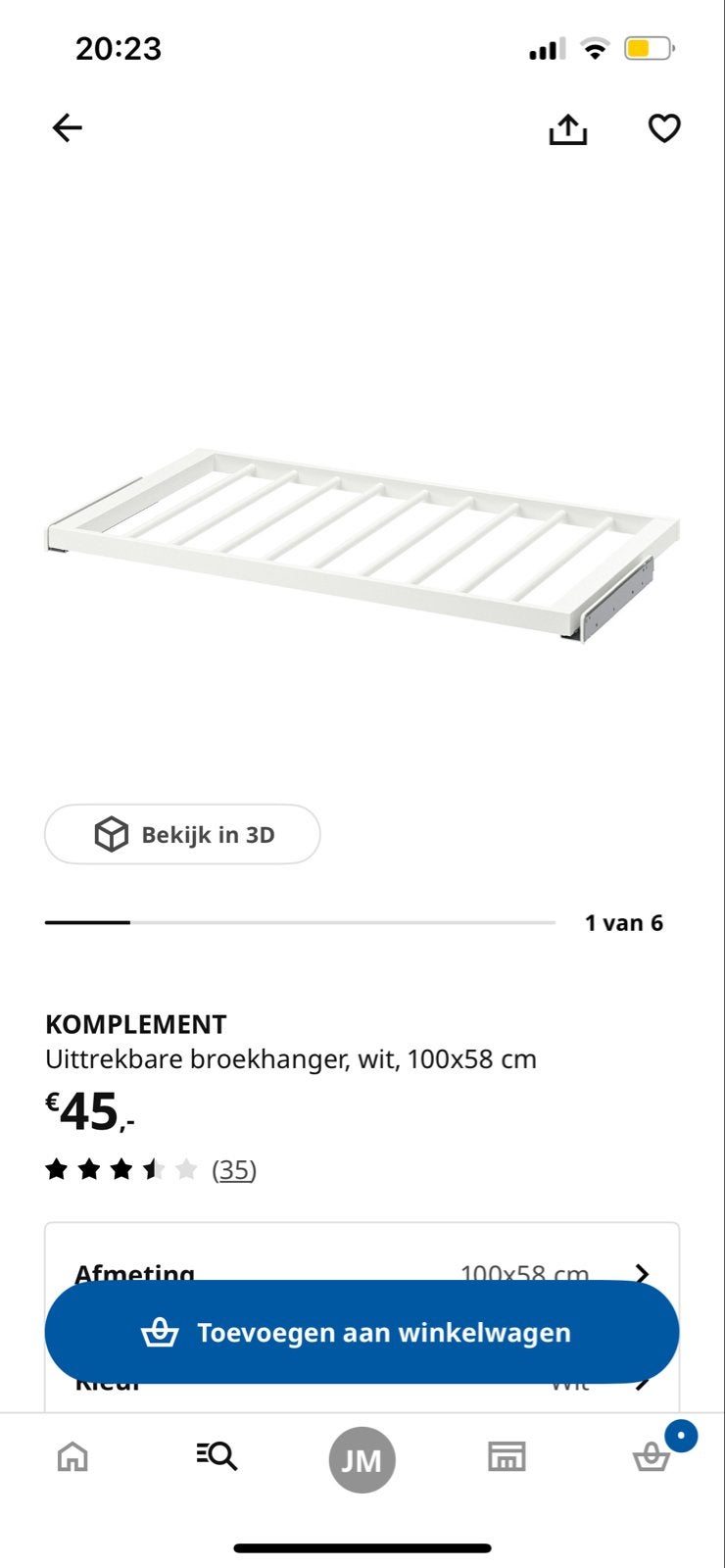 IKEA Komplement uittrekbare broekhanger, wit, 100x58 cm, Ophalen, Overige materialen, 50 tot 100 cm, Zo goed als nieuw