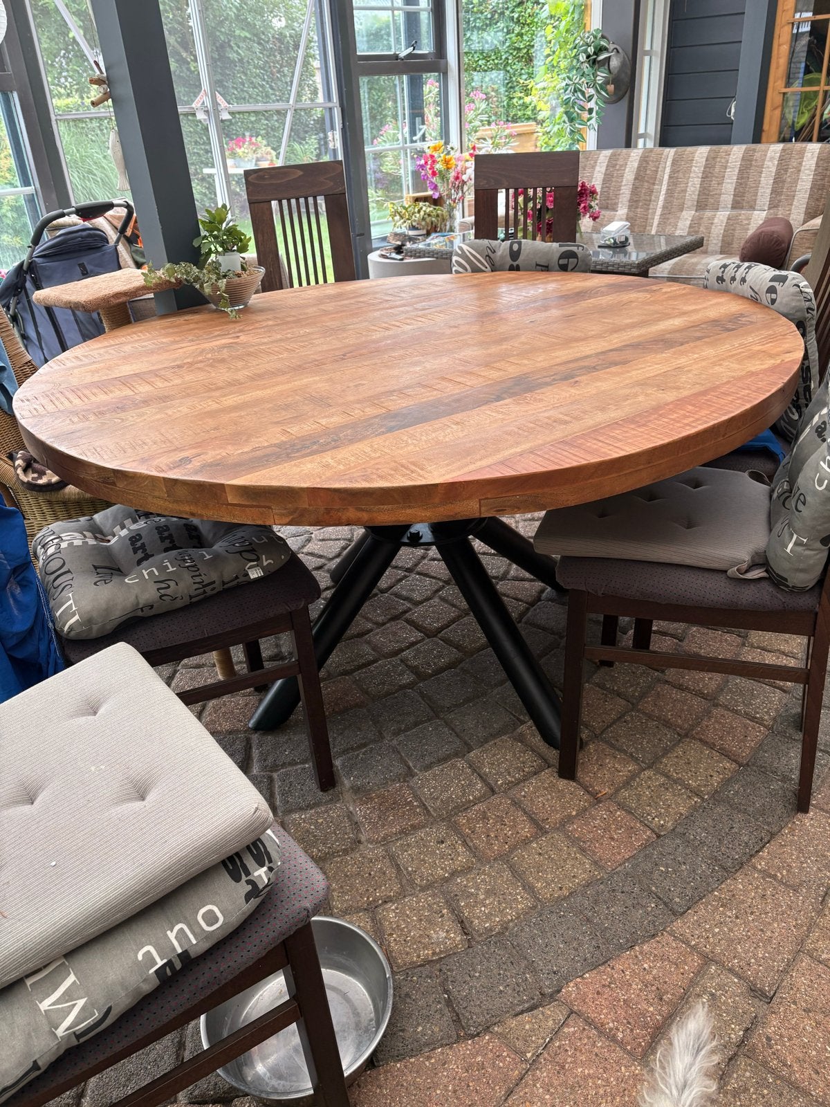 Ronde Mango Houten Eettafel 150cm - Zo goed als nieuw, Huis en Inrichting, Tafels | Eettafels, Ophalen, 100 tot 150 cm, Rond, Zo goed als nieuw