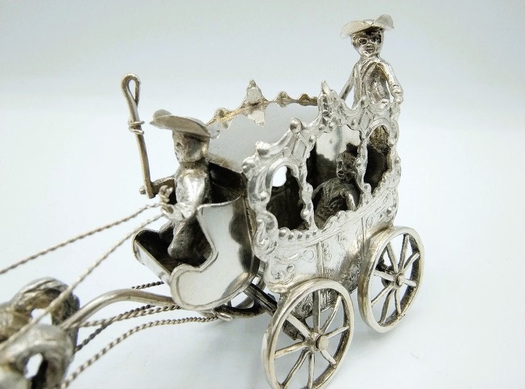 Zware zilveren miniatuur koets met paarden, 1888, Antiek en Kunst, Verzenden, Zilver