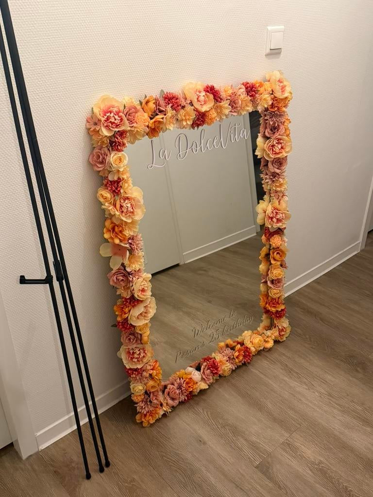 Gepimpte spiegel met bloemen incl. standaard, Ophalen, 100 tot 150 cm, Zo goed als nieuw, Rechthoekig