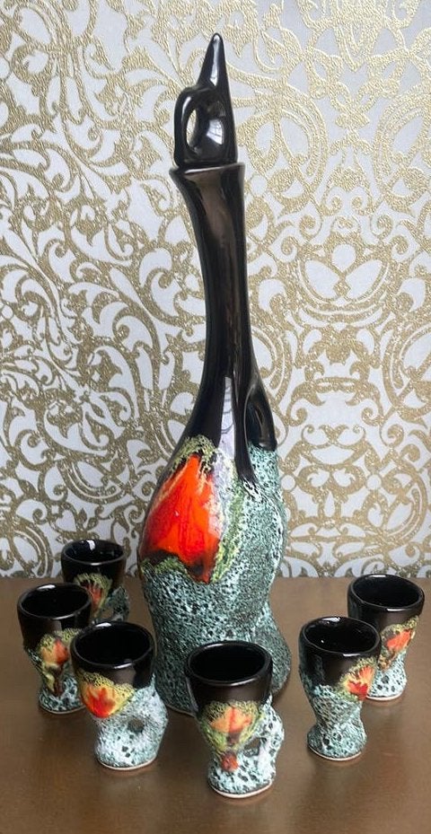 Vintage Keramische Karaf likeurset  Fat Lava Stijl Vallauris, Antiek en Kunst, Ophalen