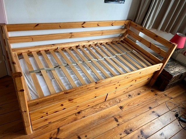 grenenhout eenpersoonsbed met uittrekbed en lades - FLEXA, Ophalen, Grenenhout, 210 cm, Hout