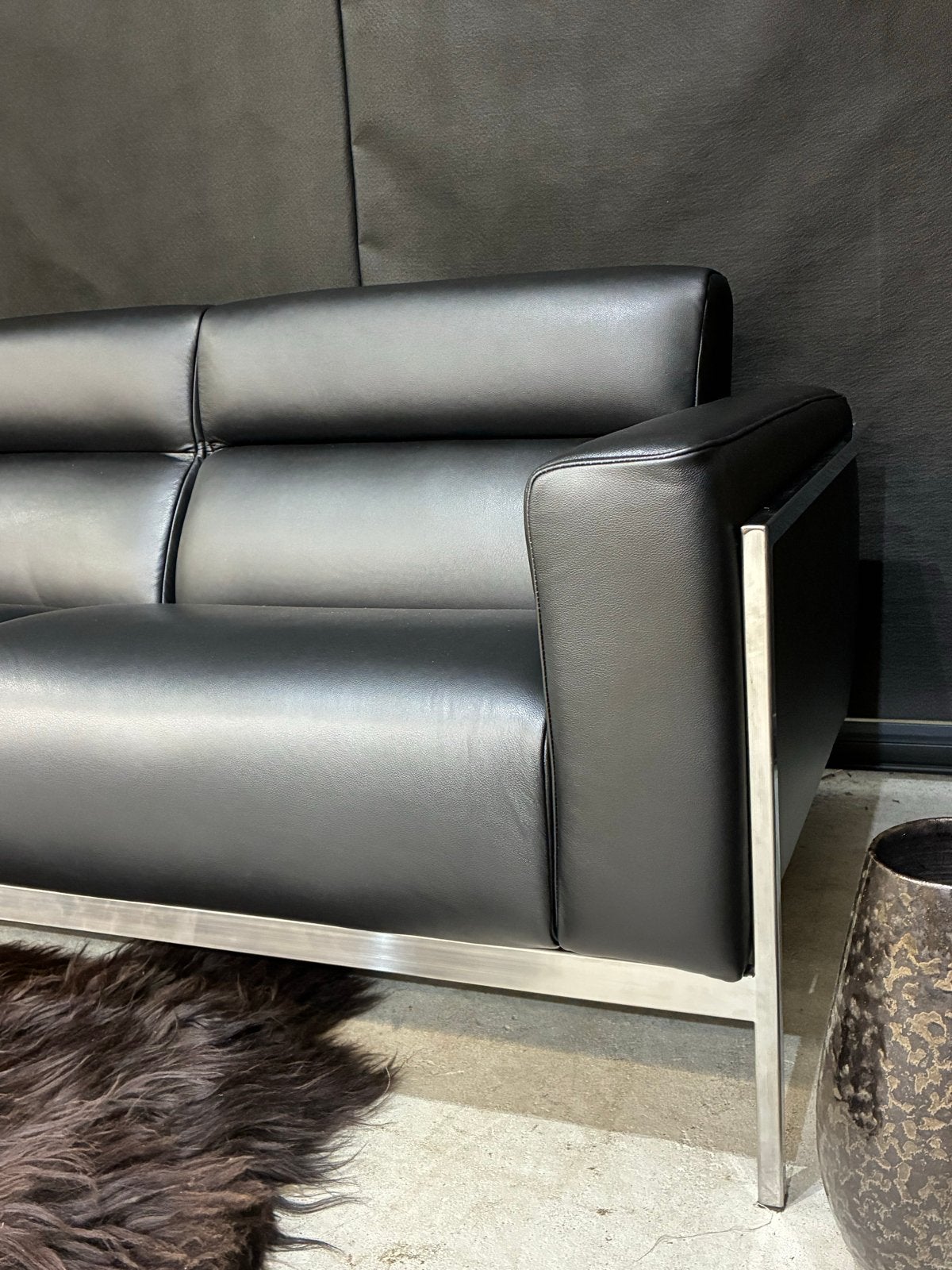 Harvink Forum 2-zits bank - Nieuw Zwart leer, RVS frame, Ophalen