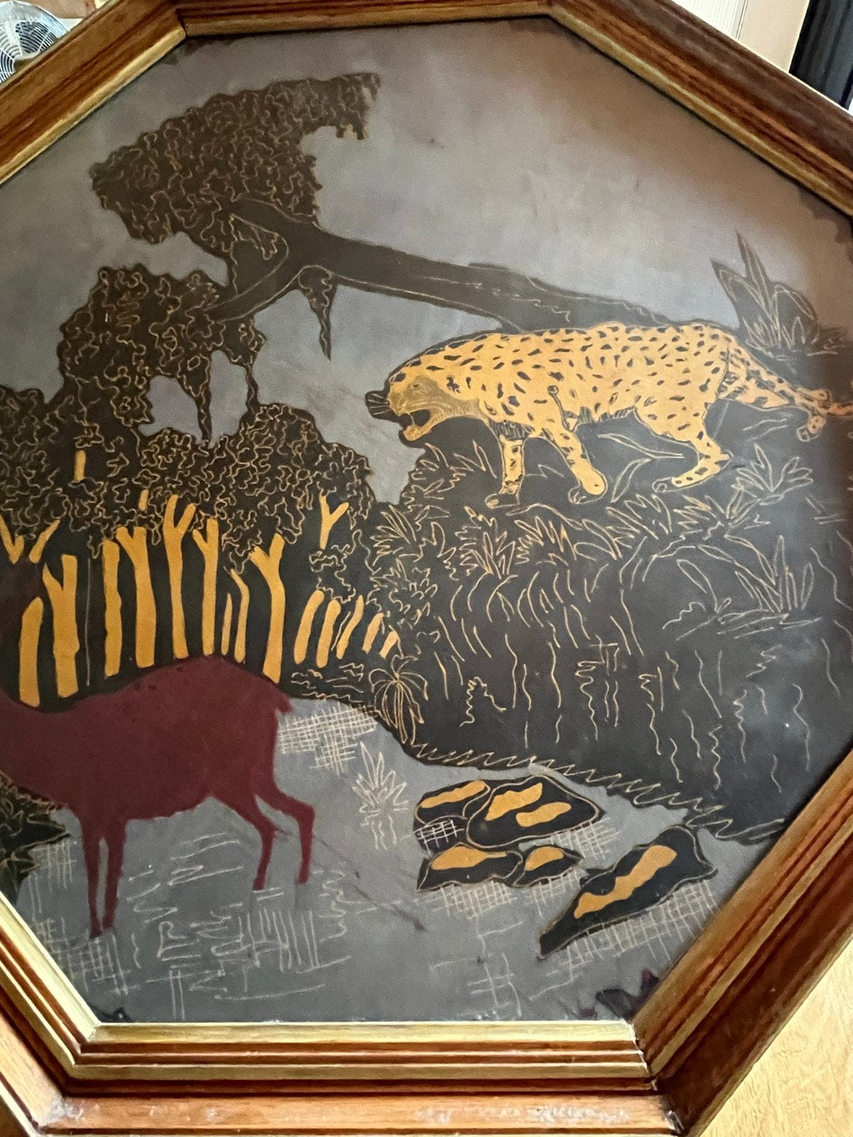 Antiek geschilderd doek uit Indië in eiken lijst, Antiek en Kunst, Ophalen, Doek, Dieren, Olieverf