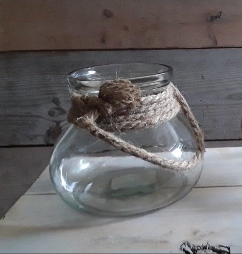 Stoere glazen pot met touw / hangtouw - nieuw, Tuin en Terras, Overige materialen, Rond, Nieuw, Ophalen of Verzenden