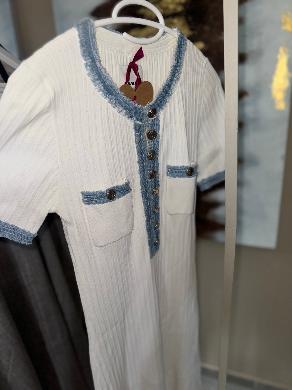 Sandro jurk wit met denim details (maat 38/40), Maat 38/40 (M), Wit, Ophalen of Verzenden, Zo goed als nieuw