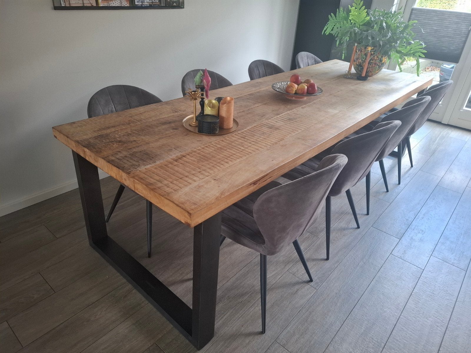 Teak houten eettafel op stalen poten - 300x100x79 cm, Ophalen, Gebruikt, Teakhout, 200 cm of meer