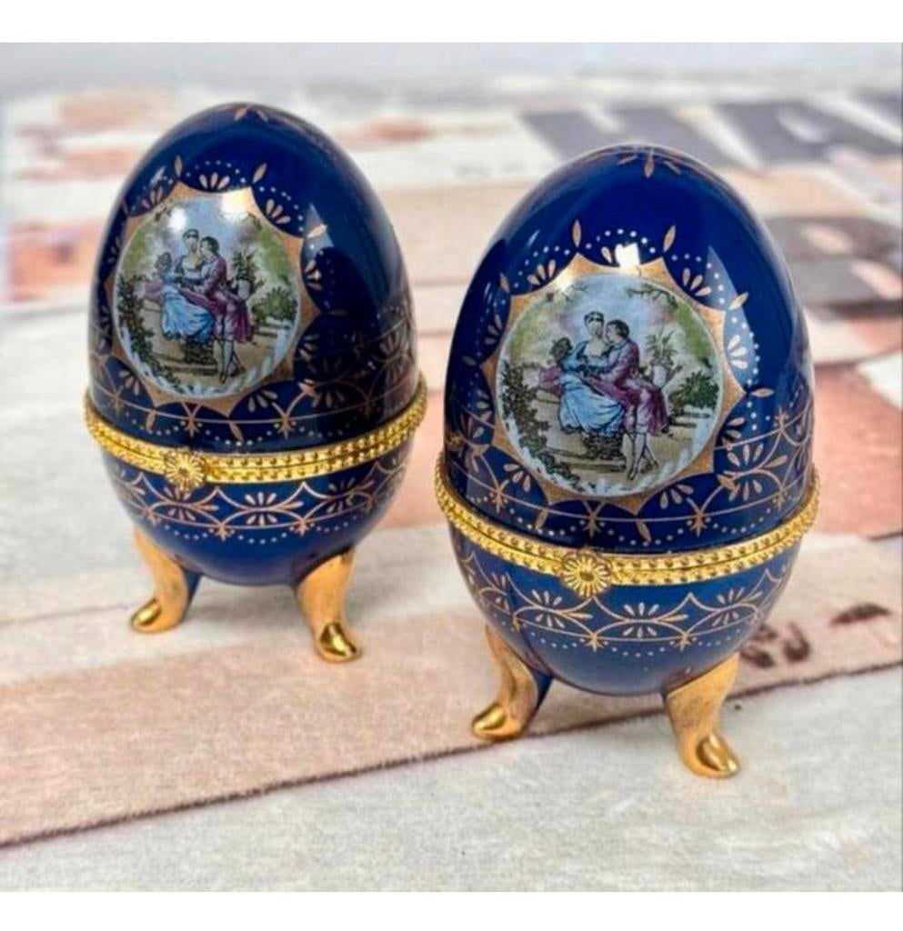 2X antiek Porseleinen Faberge Ei cobalt blauw Gesigneerd, Antiek en Kunst, Curiosa en Brocante, Ophalen of Verzenden