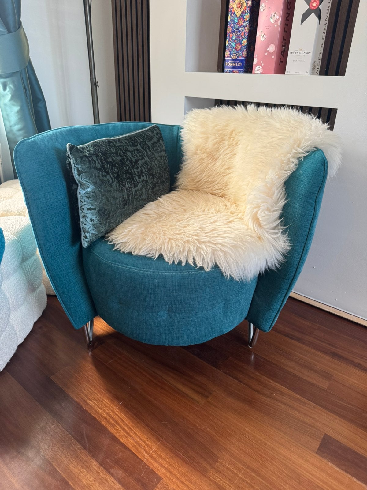 Ronde fauteuil - blauw/groen - 80cm breed, Ophalen, Eenpersoons, 75 tot 100 cm, Zo goed als nieuw