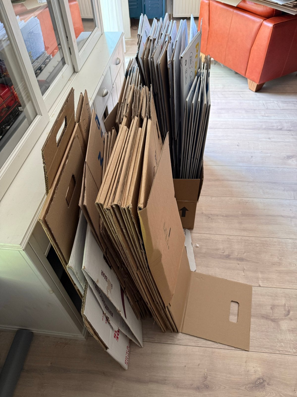 Partij 45 gebruikte verhuisdozen (diverse soorten), Ophalen, Opvouwbaar, 50 tot 75 cm, Minder dan 40 cm