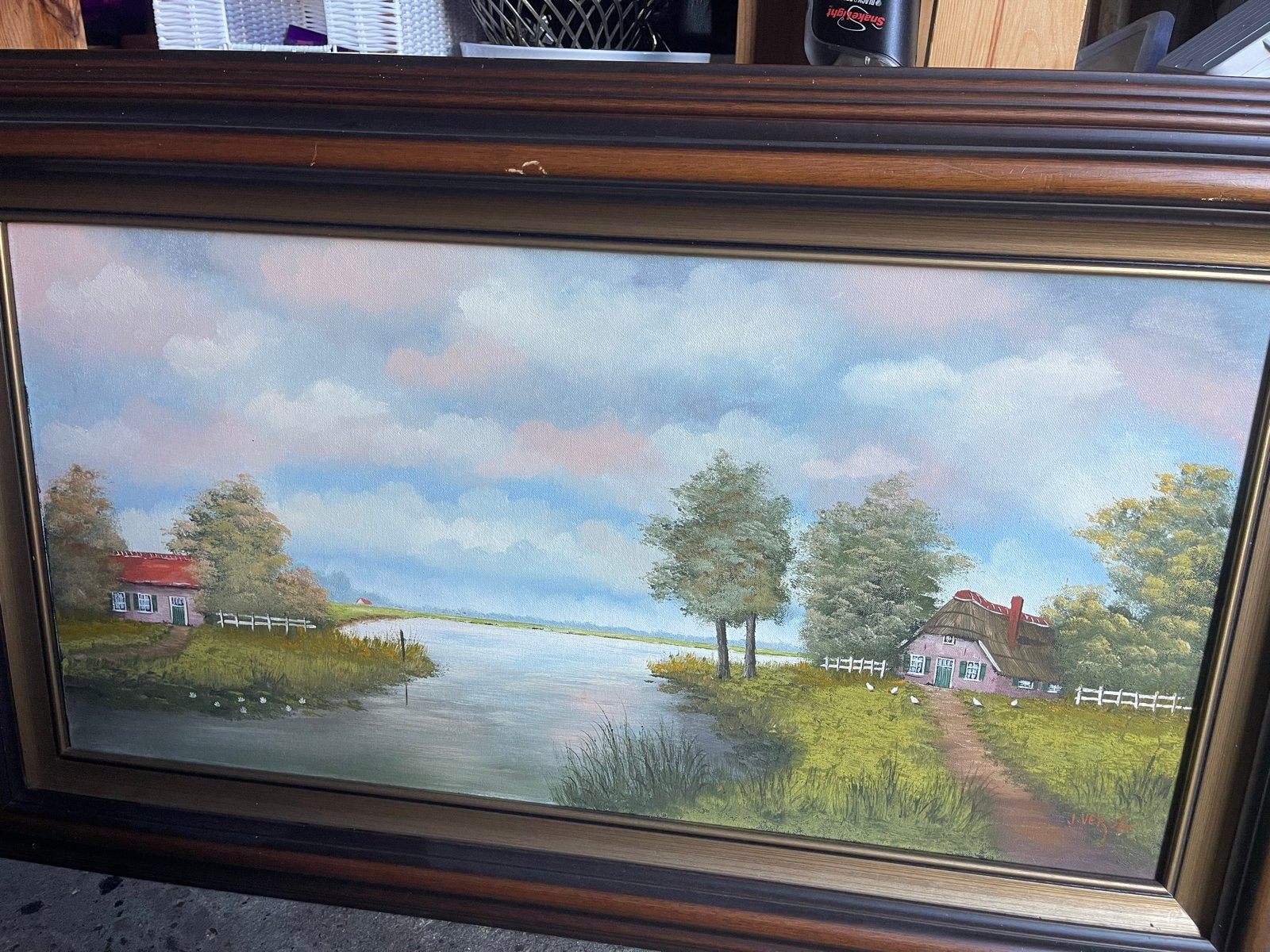 Schilderij Hollands Landschap met Boerderijen en Water, Antiek en Kunst, Doek, Realistisch, Ophalen of Verzenden, Gesigneerd