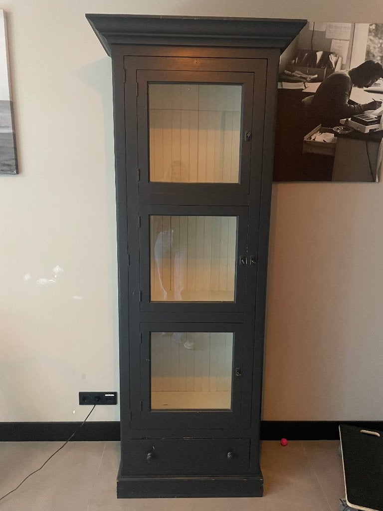 Zwarte vitrine kast, Ophalen, Gebruikt, 200 cm of meer, 50 tot 100 cm