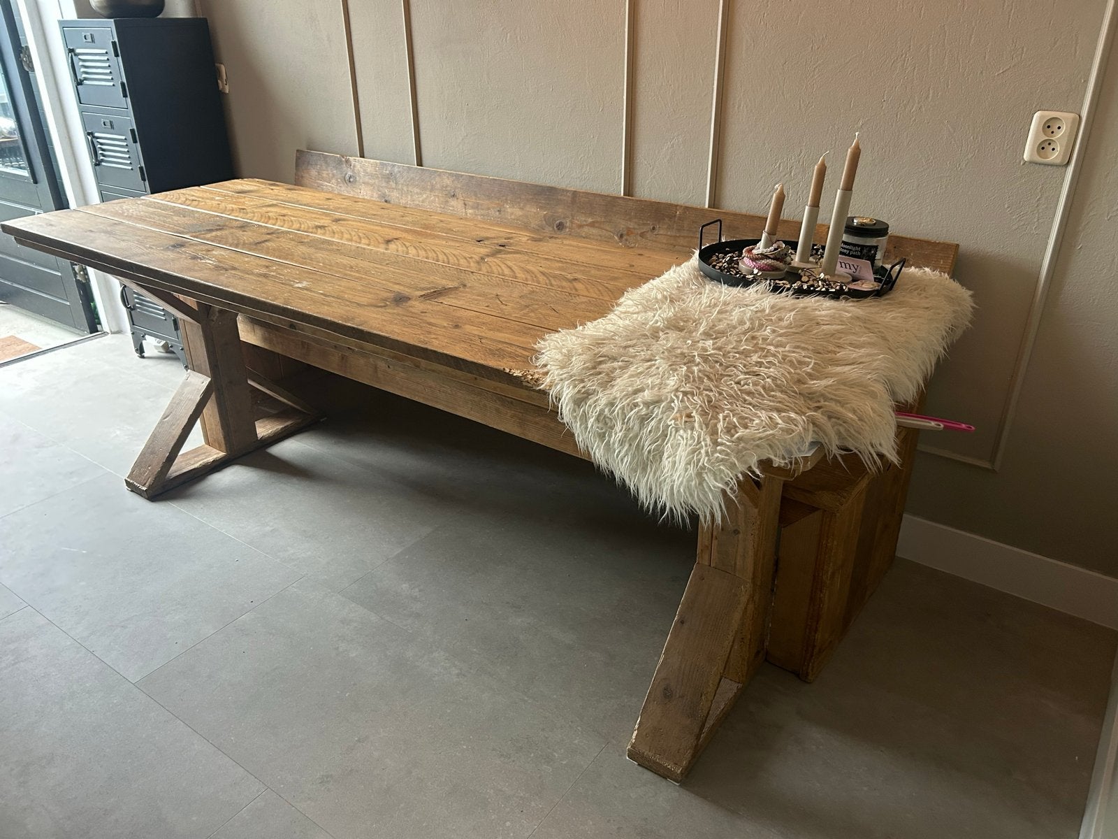 Steigerhouten eettafel met bank, Ophalen, Gebruikt, 50 tot 100 cm, 150 tot 200 cm