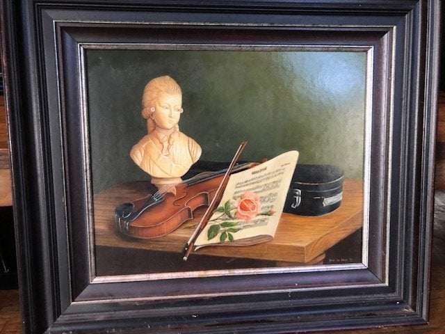 Olieverfschilderij Mozart, door Joke de Heer '91 , 40x50cm., Antiek en Kunst, Ophalen, Paneel, Gedateerd, Stilleven