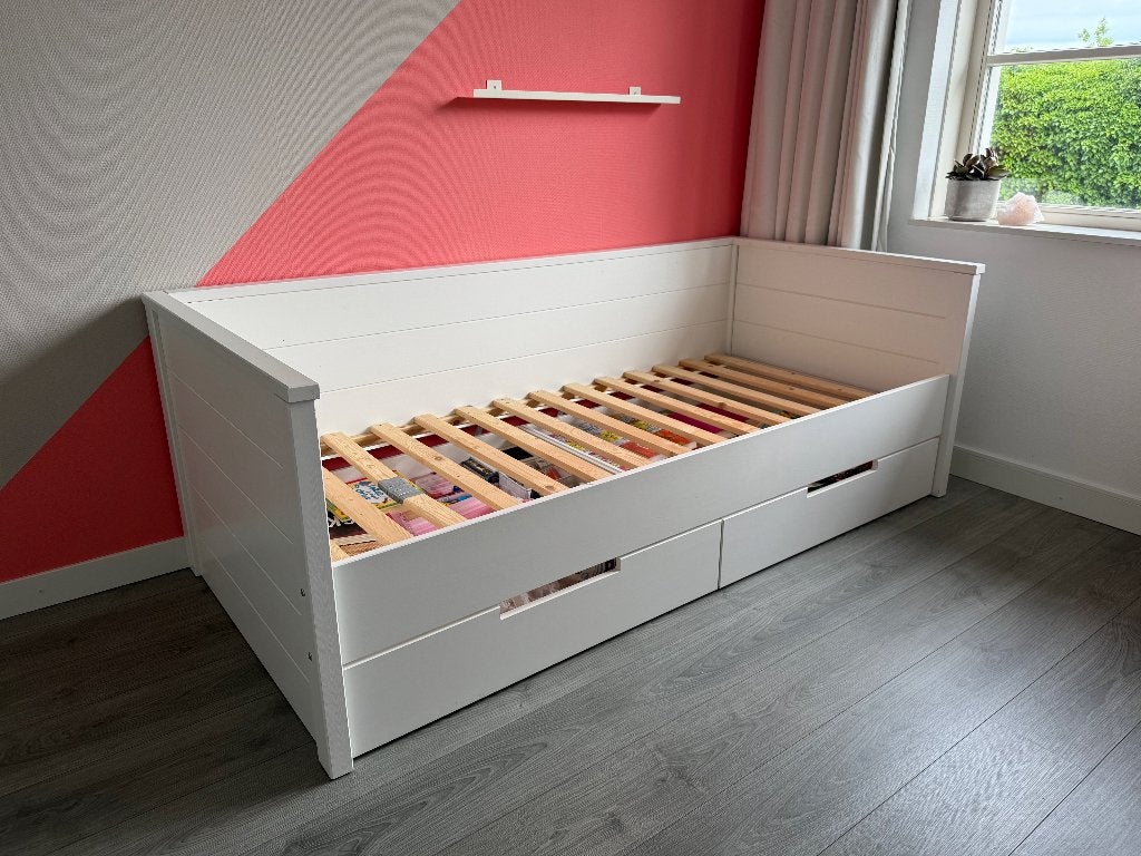 Wit houten bedbank met ladeset, Ophalen, Gebruikt, 90 cm, Eenpersoons