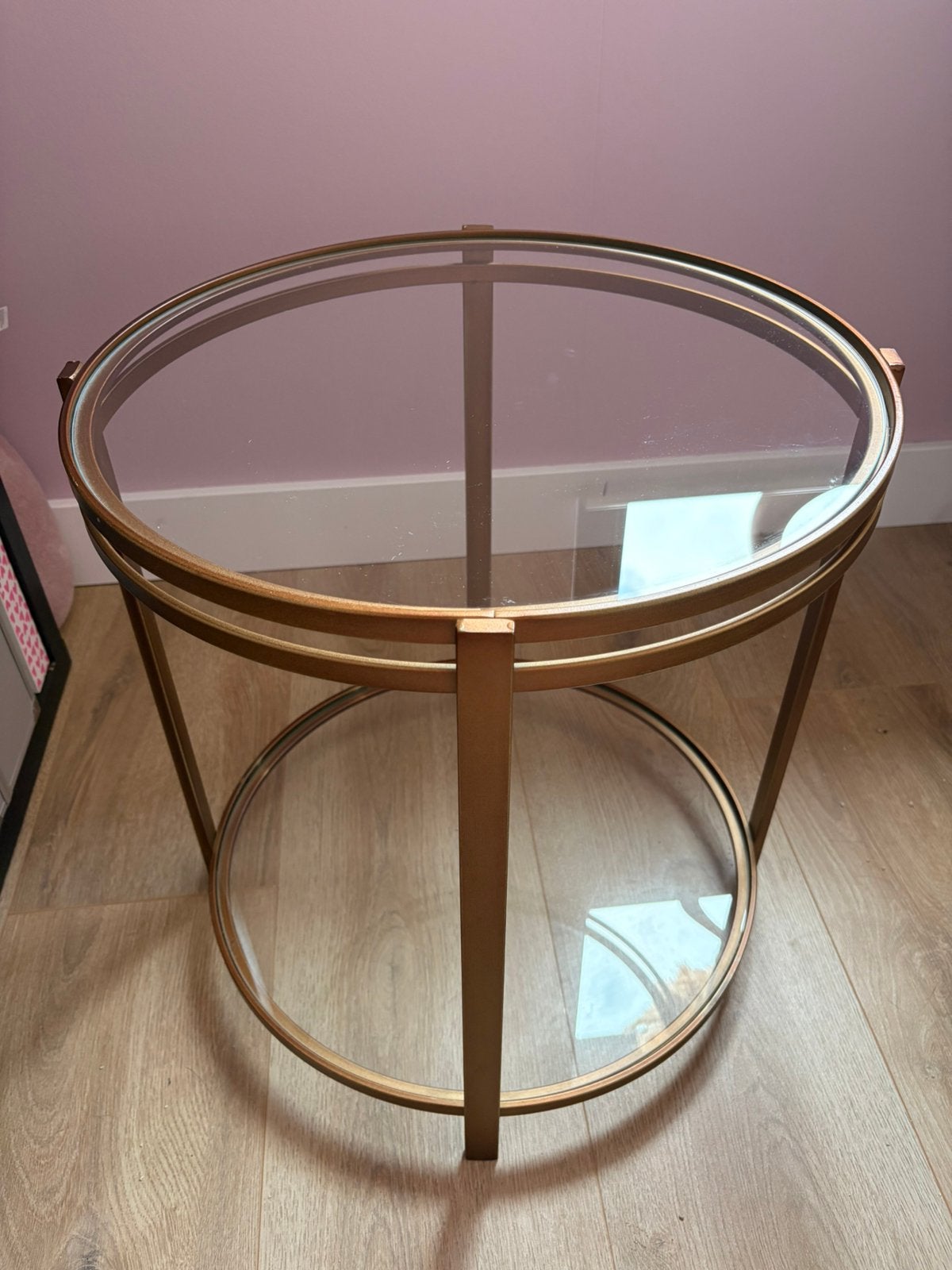 Gouden bijzettafel met glas, Rond, Ophalen, 45 tot 60 cm, Glas