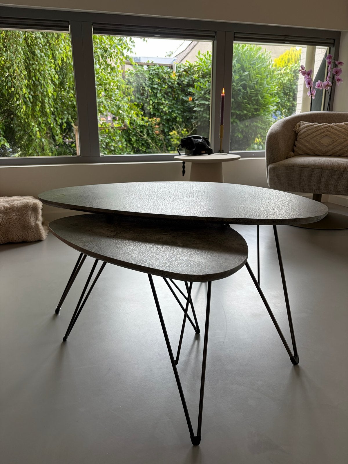 Set van 2 salontafels, organische vorm, industrieel, Huis en Inrichting, Tafels | Salontafels, Ophalen, Gebruikt, 100 tot 150 cm