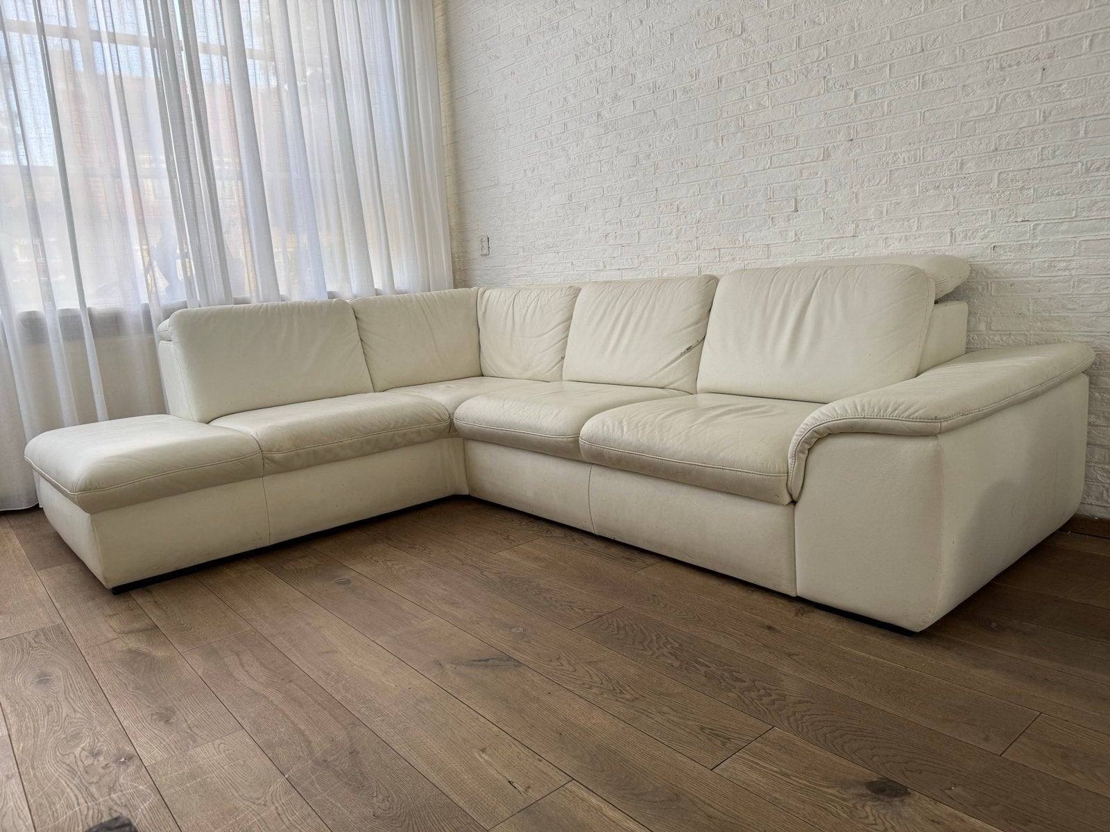 Leren hoekbank - wit, comfortabel en tijdloos design, Ophalen, 250 tot 300 cm, Gebruikt, 100 tot 125 cm