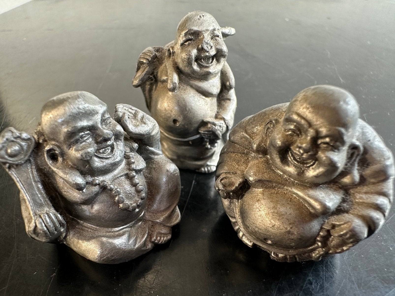 Oude tinnen Boeddha beeldjes trio 3/3.5 cm H, Ophalen of Verzenden, Gebruikt