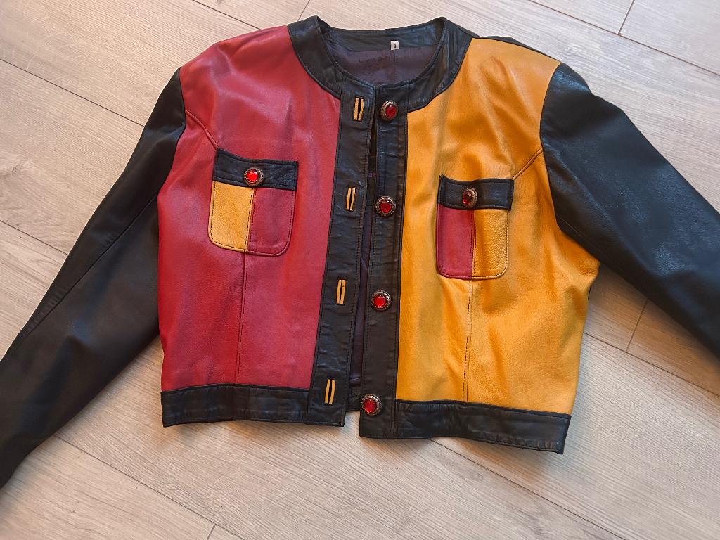 Zwart leer jasje met geel en rood, Zwart, Ophalen of Verzenden, Zo goed als nieuw, Jasje