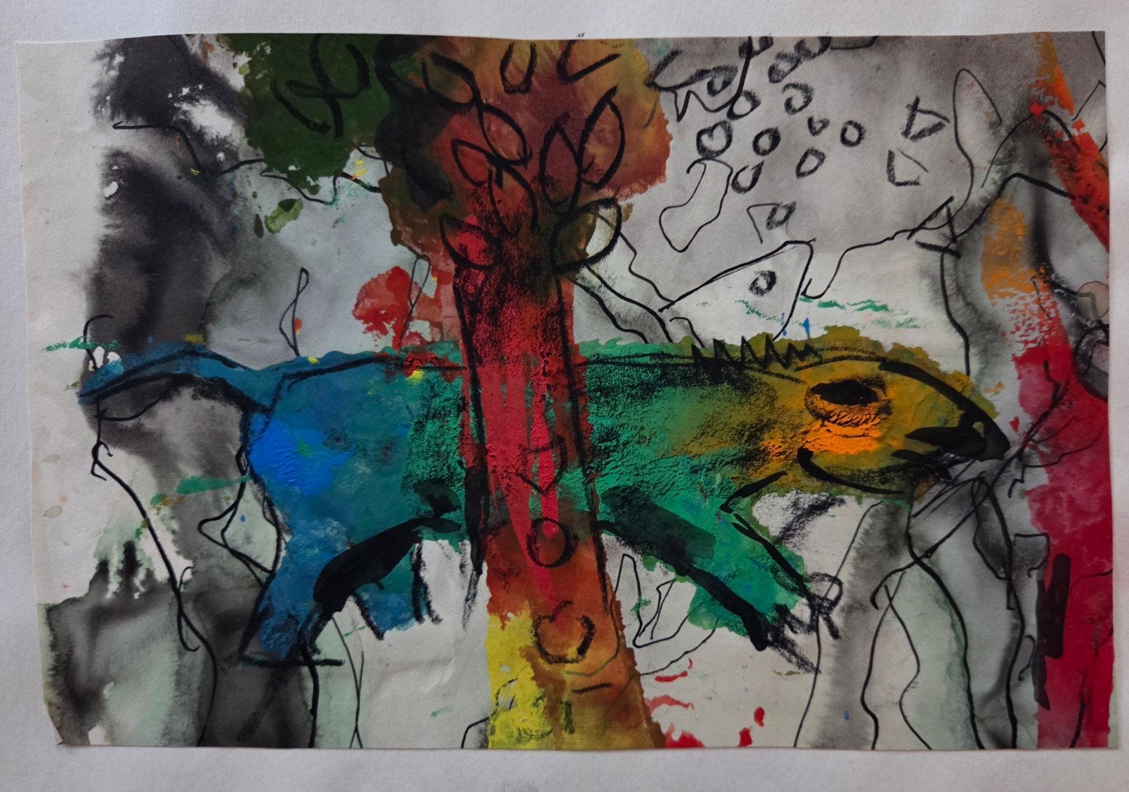 Gouache. Gemengde techniek. Dier. 1953. Cobra-achtig., Antiek en Kunst, Ophalen