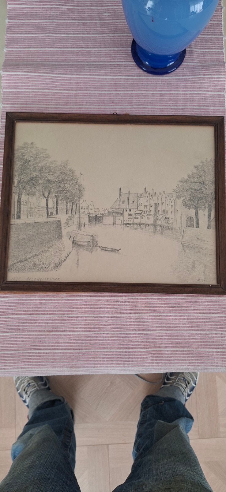 Potloodtekening Aelbrechtskolk 1875, ingelijst, Ophalen of Verzenden, Tekening, Potloodtekening, Gesigneerd