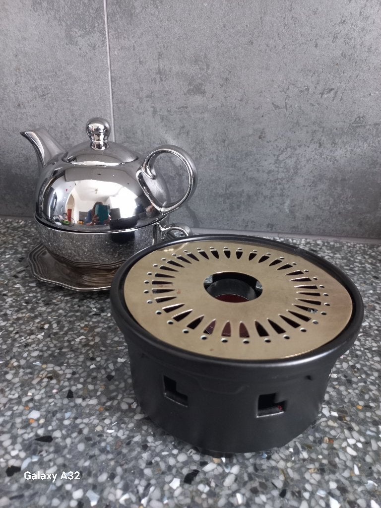 Zwart theelicht met koperen warmhoudplaat, Overige typen, Ophalen of Verzenden, Zo goed als nieuw, Zwart
