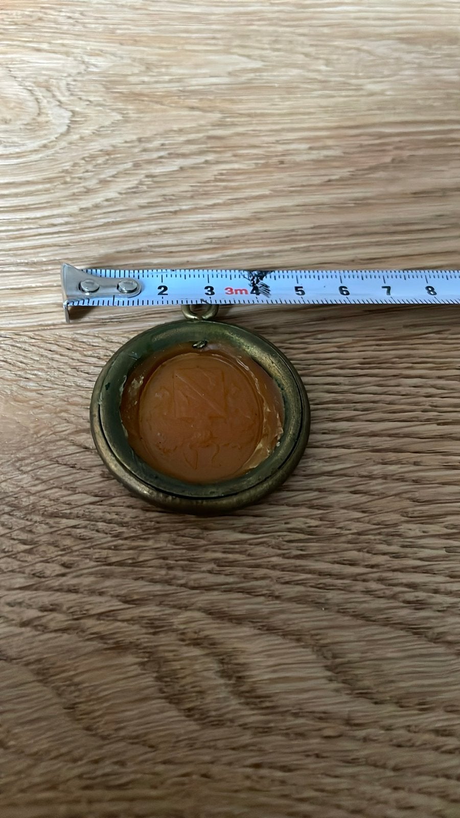 Antieke koperen ring met familiewapen in was, Ophalen of Verzenden