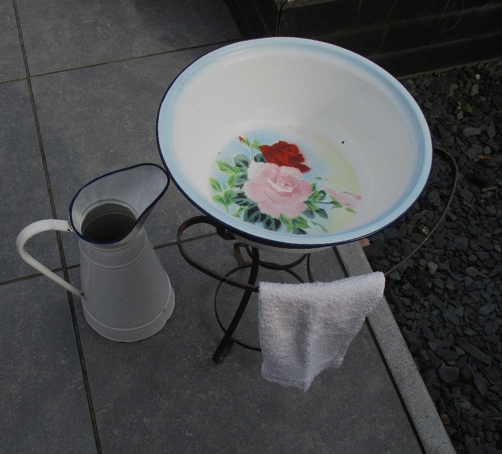 brocante lampet standaard met emaille diepe waskom, Ophalen of Verzenden