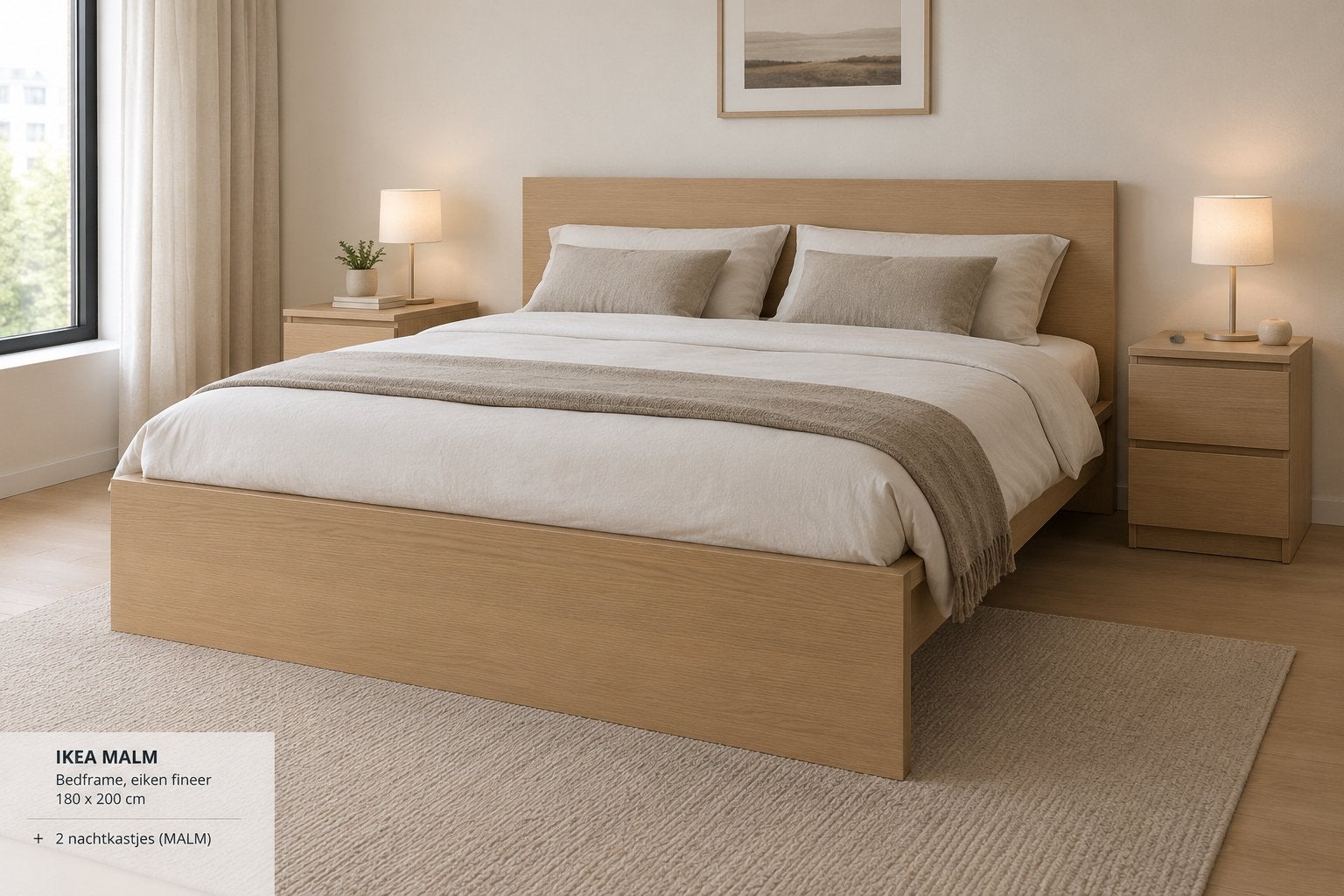 IKEA MALM Bed eiken fineer 180x200cm + 2 nachtkastjes, Overige kleuren, Tweepersoons, Ophalen of Verzenden, Zo goed als nieuw