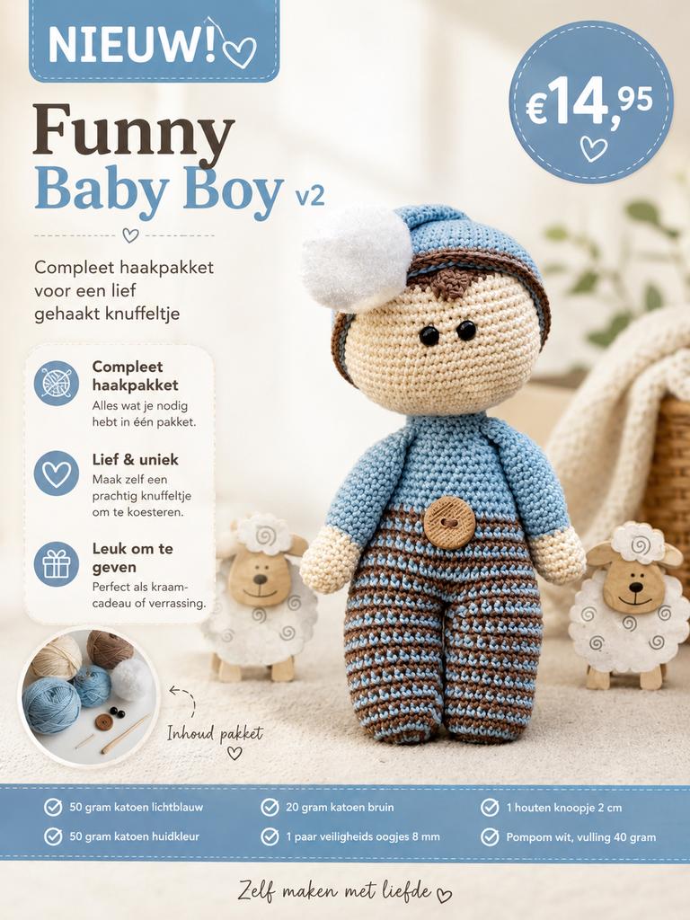 Compleet haakpakket Funny Baby Boy v2 - knuffeltje, -, Nieuw, Ophalen of Verzenden, Blauw