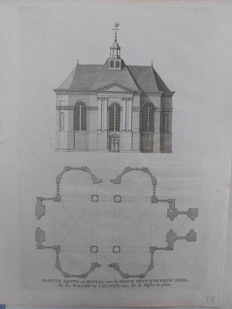 15 / Gefundeerde Kerk in de Waard Leiden - Leyden, Antiek en Kunst, Kunst | Etsen en Gravures, Ophalen of Verzenden