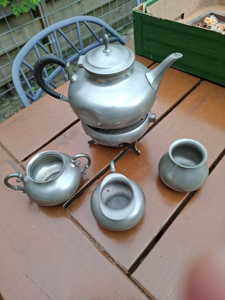Antiek tinnen theeservies met rechaud, compleet, Ophalen of Verzenden