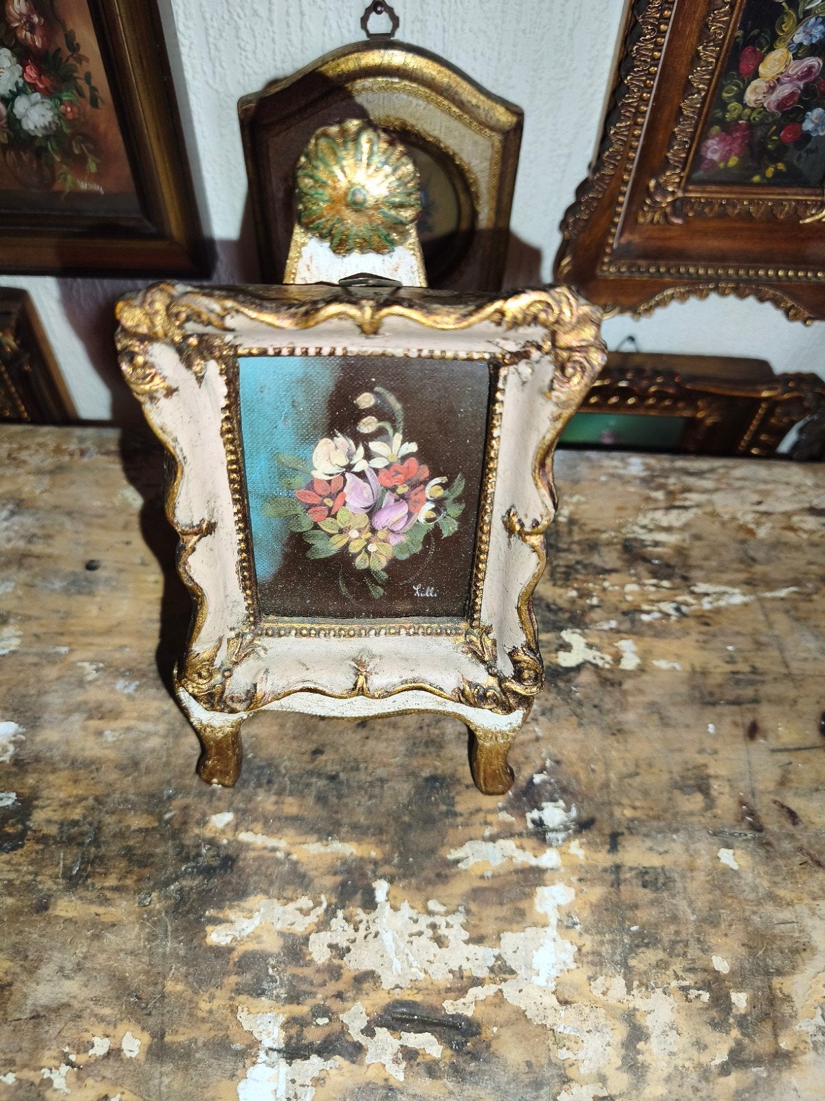 oud schilderijtje schilderij lijst stilleven bloemen Y92, Ophalen of Verzenden