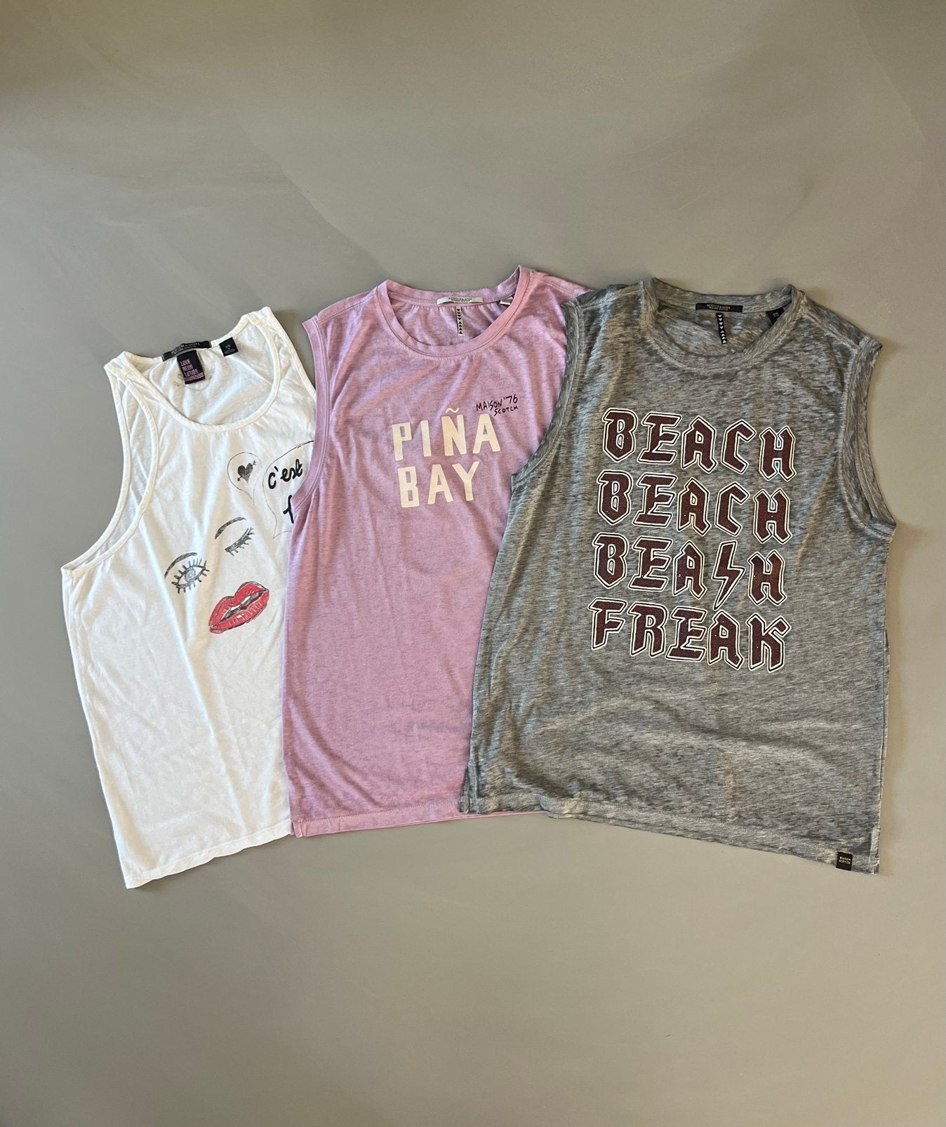 3 Maison Scotch tops lila, grijs & wit M, Maat 38/40 (M), Zo goed als nieuw, Zonder mouw, Grijs