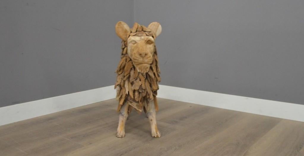 Handgemaakte Leeuw van Teakhout, Houtsnijwerk, Verzenden, 50 - 100 cm, Hout