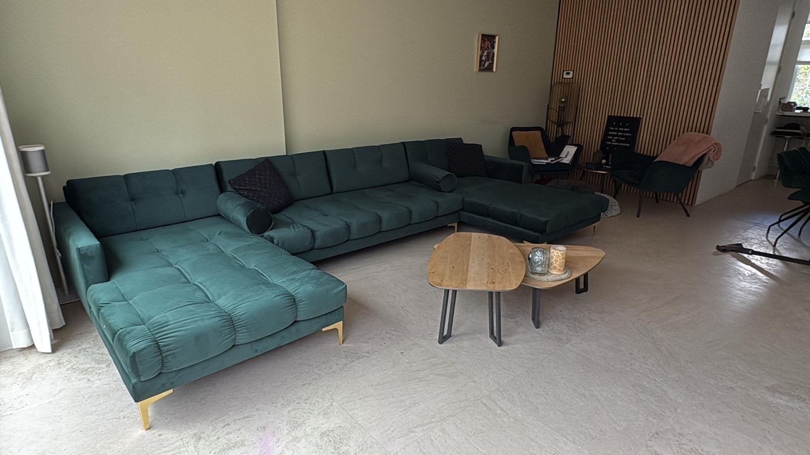 Grote hoekbank met chaise longue - velvet, Gebruikt, Hoekbank, 300 cm of meer, Ophalen of Verzenden