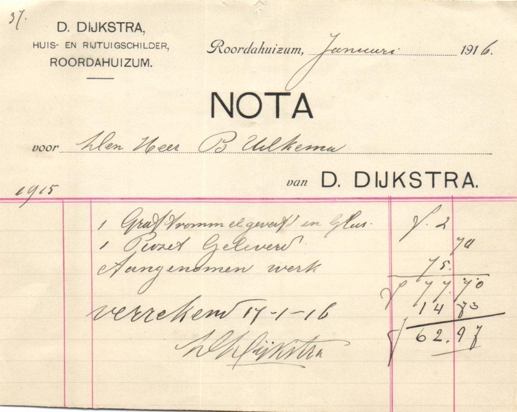 Roordahuizum - Factuur D. Dijkstra -Schilder -1916, Verzenden, Gebruikt