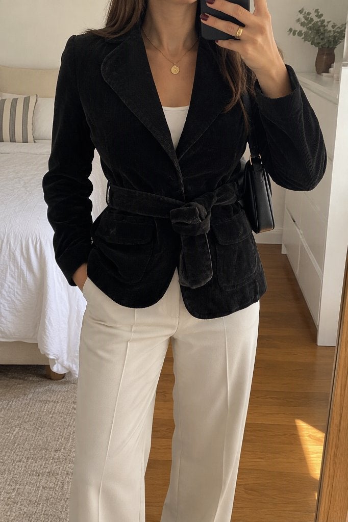 Vintage H&M Zwarte Ribfluwelen Blazer met Riem – Maat 40, Kleding | Dames, Maat 38/40 (M), H&M, Zwart, Ophalen of Verzenden