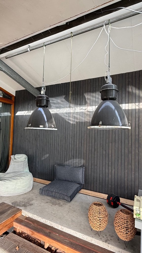 2 industriële lampen, Huis en Inrichting, Lampen | Hanglampen, Ophalen, Gebruikt, Industrieel, E27 (groot)