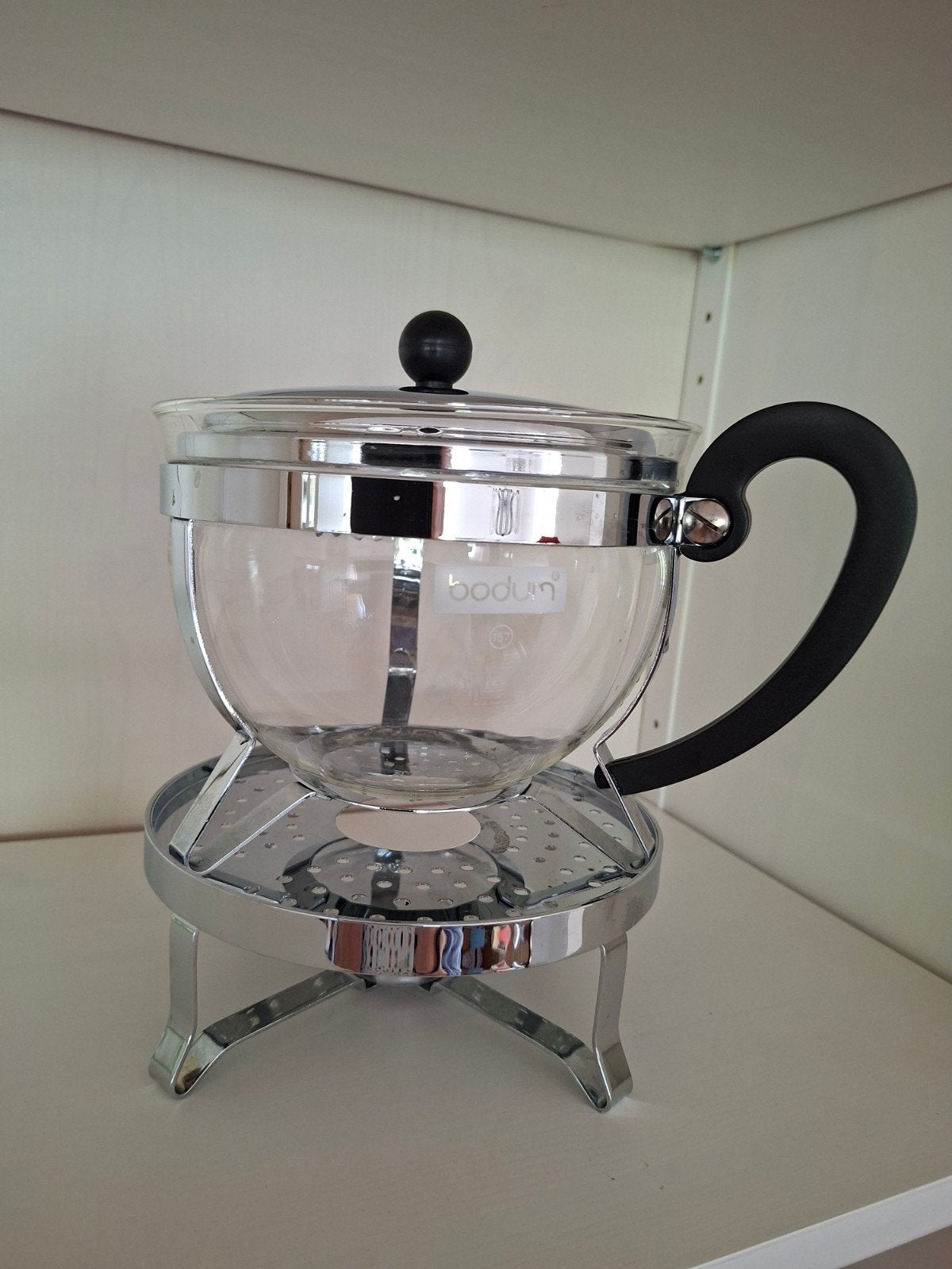 Bodum glazen theepot met theelicht en metalen deksel, Ophalen of Verzenden