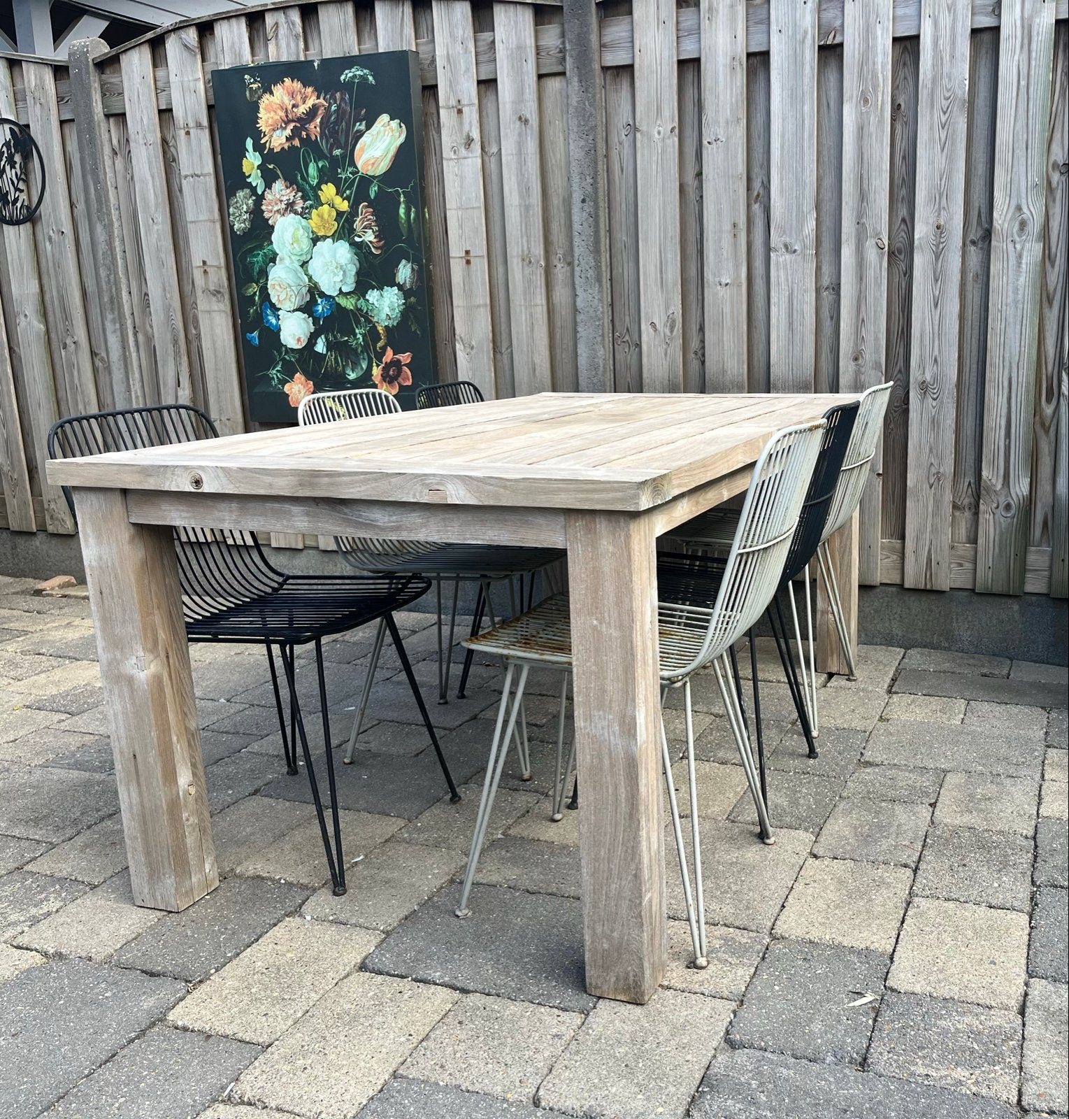 Robuuste vergrijsde hardhouten tuintafel, Tuin en Terras, Ophalen, Gebruikt, Rechthoekig, Hout