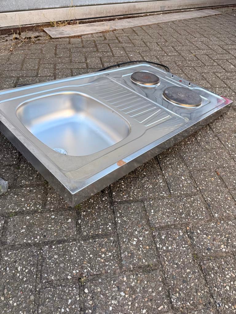Compacte RVS spoelbak met 2 elektrische kookplaten, Witgoed en Apparatuur, Kookplaten, Zo goed als nieuw, Vrijstaand, Elektrisch