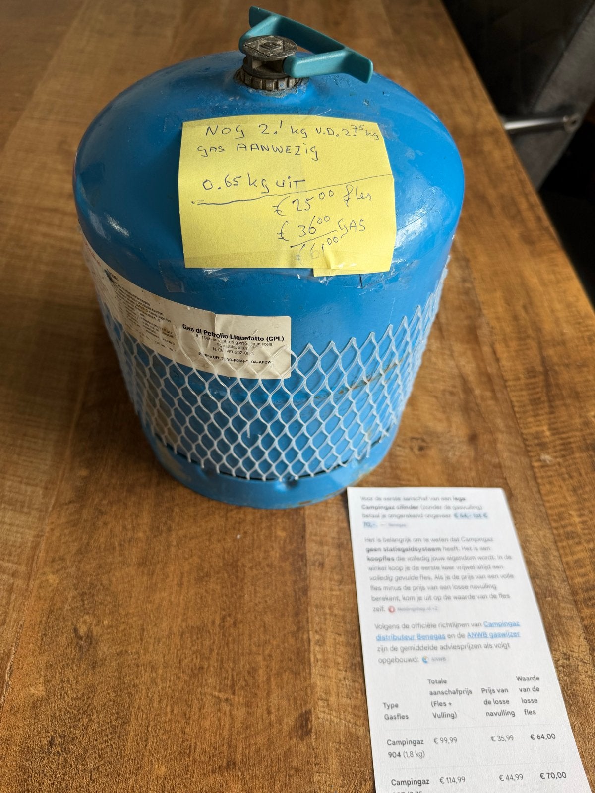 Campingaz 907 gasfles (2.75 kg) met 2.1 kg gas, Ophalen, Gebruikt