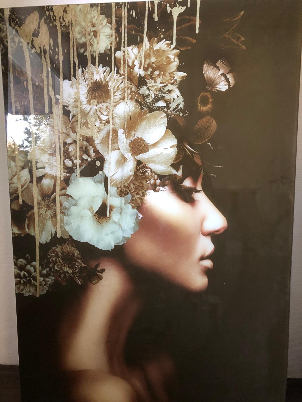 Glazen schilderij 80x120cm - Vrouw met bloemen, Huis en Inrichting, Ophalen, Zo goed als nieuw, Schilderij, 100 tot 125 cm