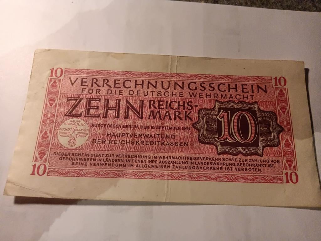 Wehrmacht betaalbikjet 10 reichsmark 1940-1945, Ophalen of Verzenden, Duitsland