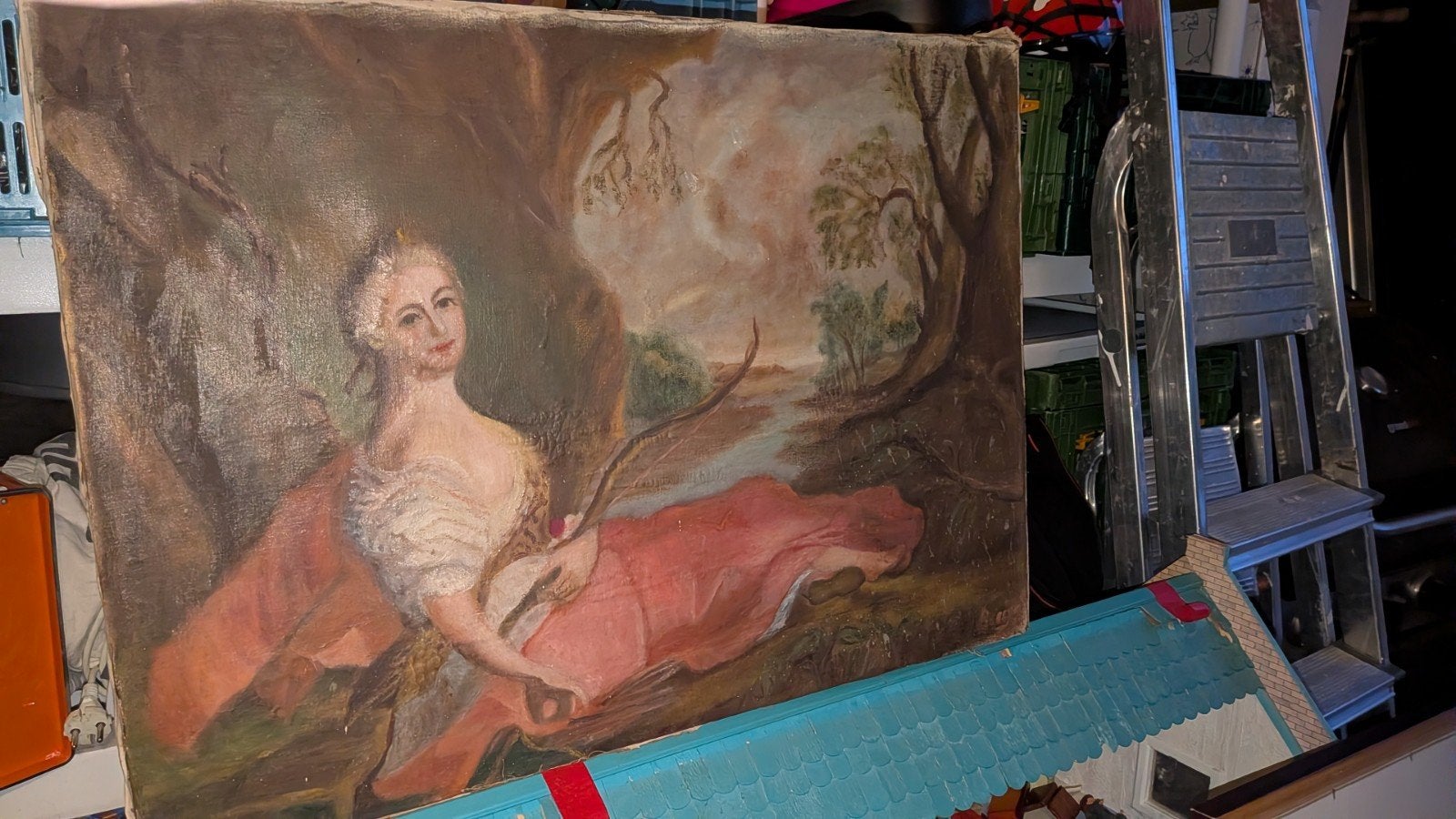 Oud olieverf werk van de jacht godin, Ophalen of Verzenden