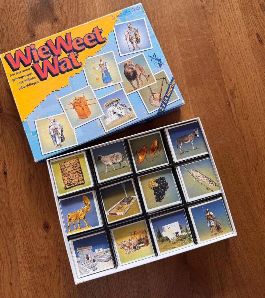 memoryspel Wie Weet Wat"  met Bijbelse afbeeldingen, Ophalen of Verzenden, Gebruikt